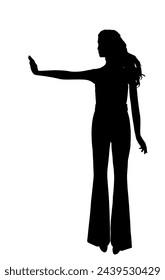 Ill woman warns people around her to keep distance, epidemic prevention vector silhouette illustration. Girl stretched out hand with stop gesture avoid communication. Health care. Stop bulling terror.