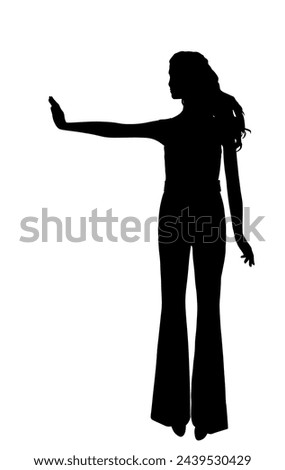 Ill woman warns people around her to keep distance, epidemic prevention vector silhouette illustration. Girl stretched out hand with stop gesture avoid communication. Health care. Stop bulling terror. [[stock_photo]] © 