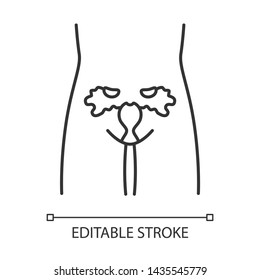 Ill women reproductive system linear icon. Infertility. Sore human organ.  Uterus disease.  Women health. Thin line illustration. Contour symbol. Vector isolated outline drawing. Editable stroke