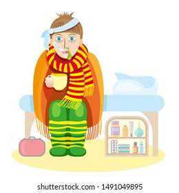 ill young man with fever drinking cup of warm tea. Vector illustration