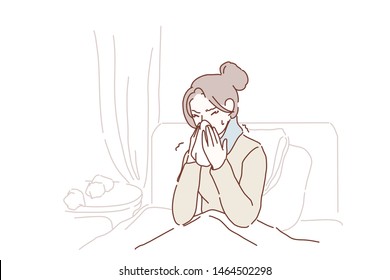 Ill young woman caught cold sneezing at home, sick allergic girl blowing wiping running nose got flu rhinitis coughing in bed at home or hospital. Coronavirus concept. Isolated Vector Illustration.