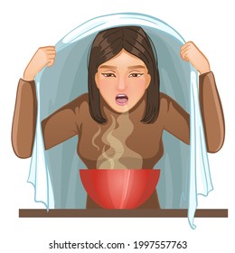 Ill young woman makes inhalation, vector image, eps10