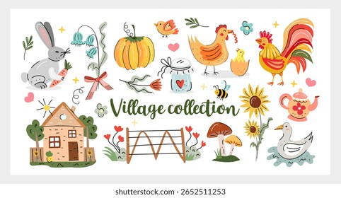 illage Collection hand drawn vector set with farm animals, sunflowers, vegetables, mushrooms, cozy house and cute countryside doodles. Perfect for prints, kids design, stickers and decor.