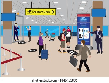 Illastration Preventive measures for traveling.Reopening after the crisis of the pandemic Airport or Public Transport, Preventive Measure for Coronavirus or Covid-19, Traveller, Passenger Control