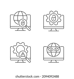 Illegal activities detection linear icons set. Jailbreak and darknet. Cyber security. Malicious software. Customizable thin line contour symbols. Isolated vector outline illustrations. Editable stroke