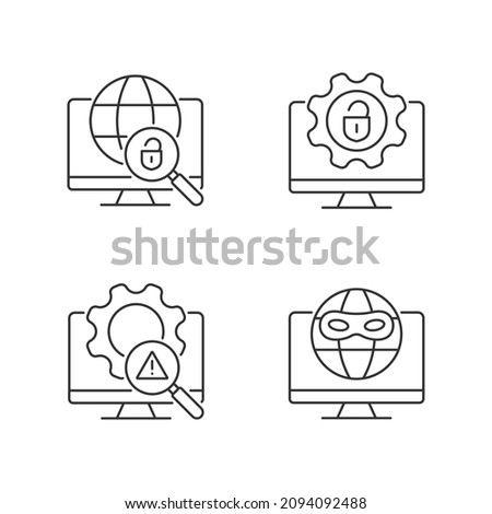 Illegal activities detection linear icons set. Jailbreak and darknet. Cyber security. Malicious software. Customizable thin line contour symbols. Isolated vector outline illustrations. Editable stroke