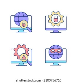 Illegal activities detection RGB color icons set. Jailbreak and darknet. Cyber security. Malicious software. Isolated vector illustrations. Simple filled line drawings collection. Editable stroke