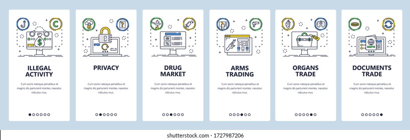 Website über illegale Aktivitäten und mobile App auf Internatsbildschirmen. Menübanner Vektorvorlage für die Website- und Anwendungsentwicklung. Drogenmarkt, Waffen für menschliche Organe illegaler Handel. Der flache Stil.