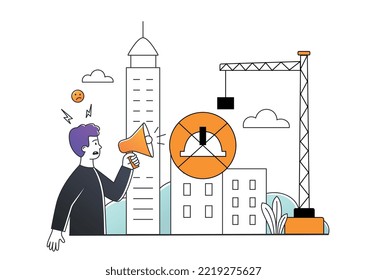 Illegal building concept. Man with loudspeaker protests against building house without permit. Protecting important cultural site of city, fighting for rights. Cartoon flat vector illustration