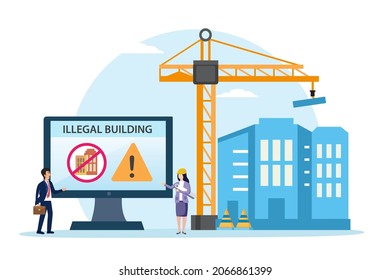 Illegal buildings vector concept. Two workers standing in construction site with Illegal buildings text on monitor