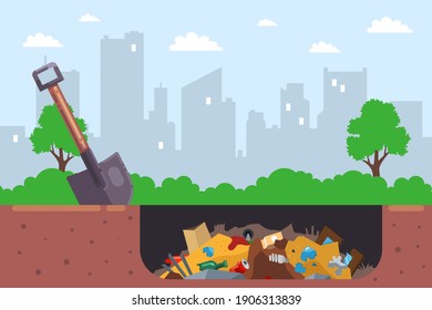 it is illegal to bury city garbage in a pit. flat vector illustration.