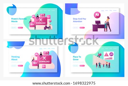 Illegal Content and Birth Rate Landing Page Template Set. Pirates Characters Sharing Files Using Torrent Servers Services, Online Media. Country Demographic Setting. Cartoon People Vector Illustration