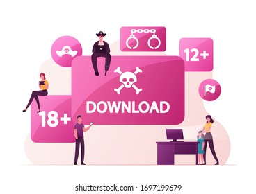 Illegal Content Free Download Concept. Pirate Character Sitting on Sign with Jolly Roger Transfer and Sharing Files Using Torrent Servers Services, Online Media. Cartoon People Vector Illustration