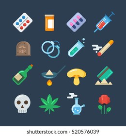 Illegal Drug Tablets, Alcohol Addiction, Methamphetamine Abuse Vector Flat Icons