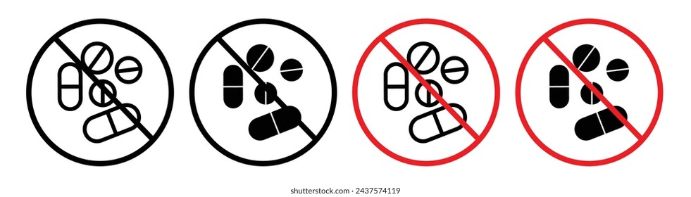 Illegal Drug Use Prohibition Line Icon Set. Narcotics Ban Alert icon in outline and solid flat style.