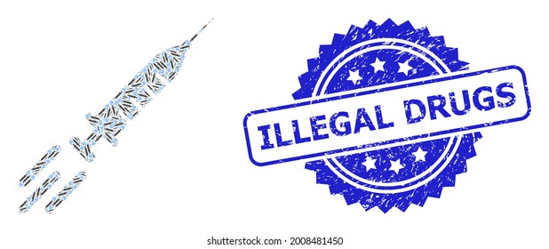 Illegal Drugs corroded seal print and vector recursion collage express vaccine. Blue seal contains Illegal Drugs title inside rosette.