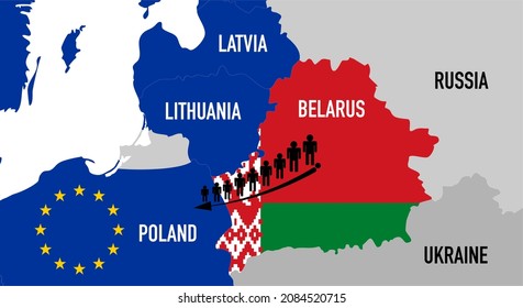 Illegal entry of citizens into Europe, the European Union through Belarus. Refugees. Aggression and rupture of relations between Lukashenka and the EU. Hybrid warfare. Vector illustration