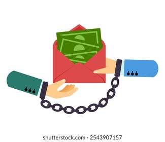 Illegal financial gain. Money in a red envelope. Vector simple color flat illustration.