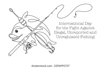 Illegal fishing. Fish crossed out by fish tackle. Fishing ban. One line drawing for different uses. Vector illustration.