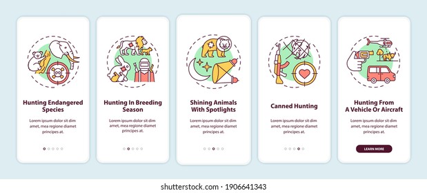 Illegal hunting onboarding mobile app page screen with concepts. Harm to wild life. Animal abuse walkthrough 5 steps graphic instructions. UI vector template with RGB color illustrations