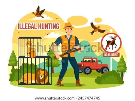 Illegal Hunting Vector Illustration by Shooting, Taking Wild Animals and Plants to Sell in Flat Cartoon Background Design