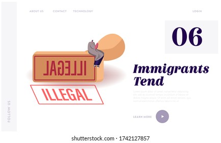 Illegal Immigrant Deportation, Immigration and Law Violation Landing Page Template. Male Character in Blanket with Hot Drink Cup in Hands Sitting on Huge Rubber Seal Stamp. Cartoon Vector Illustration