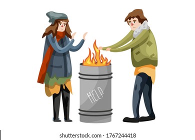 Inmigrante ilegal. Pobre personaje hambriento caliente parado en barril de metal con fuego quemado aislado en fondo blanco. Inmigrante ilegal, gente sin hogar o mendigo con ropa sucia ilustración vectorial
