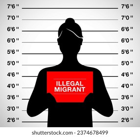 Illegal migrant woman standing on a mugshot photo shooting background, vector illustration.