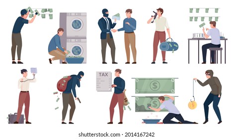 Illegal money laundering flat set showing bribery corruption and criminal activity in politics in business isolated vector illustration 