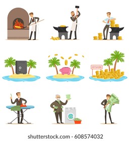Illegal Money Laundering And Using Offshores Set Of Illustrations With Corrupt Businessman Washing Dirty Money