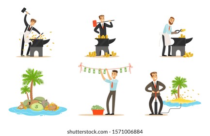 Illegal money on the island. Man is a blacksmith. Set of vector illustrations.