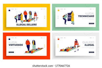 Illegal Sellers Business Landing Page Template Set. Smuggler Characters Sell on Black Market. Cloak-seller Dealer in Sunglasses, Hat and Coat Show Goods, Bootleggers. Linear People Vector Illustration