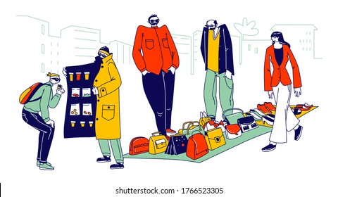 Illegal Sellers Characters Business Concept. Smugglers Selling Illegally on Black Market. Cloak-seller, Dealer in Sunglasses, Hat and Coat Show Goods, Bootleggers. Linear People Vector Illustration