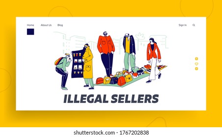 Illegal Sellers Characters Business Landing Page Template. Smugglers Sell On Black Market. Cloak-seller, Dealer In Sunglasses, Hat And Coat Show Goods, Bootleggers. Linear People Vector Illustration