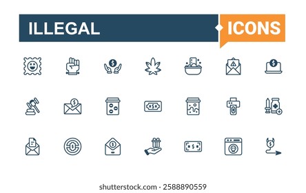 Illegal set of modern icons. Featuring justice, help, dollar, police, human, prison and more. Icons for UI. Editable vector outline and solid icons.