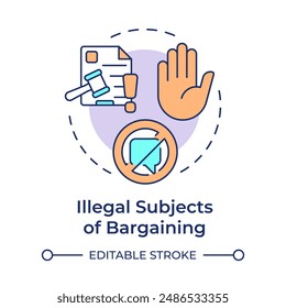 Illegal subjects of bargaining multi color concept icon. Employment terms, regulatory compliance. Round shape line illustration. Abstract idea. Graphic design. Easy to use in infographic, presentation