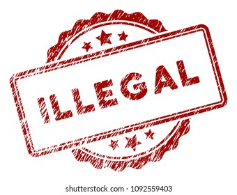 Illegal text rubber stamp seal. Vector element with distress design and corroded texture in red color. Designed for overlay watermarks and distressed seal imitations.