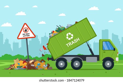 it is illegal to throw city waste into the field. dump truck unloads waste. flat vector illustration.