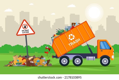 it is illegal to throw city waste into the field. dump truck unloads waste. flat vector illustration.