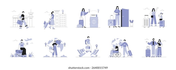 Illegal tourists deported back to the country, official government action. Character design. Vector flat illustration