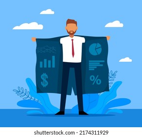 Illegal trade in commercial data. Contraband, financial black market, buy secret information. Man in open raincoat, currency signs and charts, unofficial payment, vector flat style concept