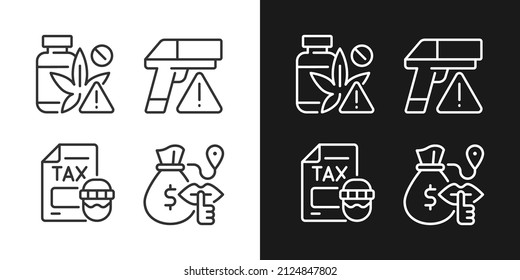 Illegal transportation linear icons set for dark and light mode. Drugs, armament trading. Customizable thin line symbols. Isolated vector outline illustrations. Editable stroke. Pixel perfect