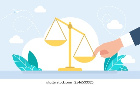 The Illegally influencing the legal system for an unfair advantage. The finger push the scale. concept of Finger illegally influencing the legal system for an unfair advantage. Vector illustration