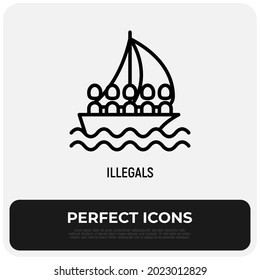 Illegals on boat thin line icon. Modern vector illustration of illegal immigration.