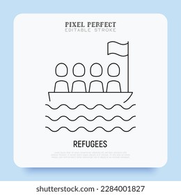 Ilegales en el icono de la línea delgada del barco. Ilustración vectorial moderna de la migración.