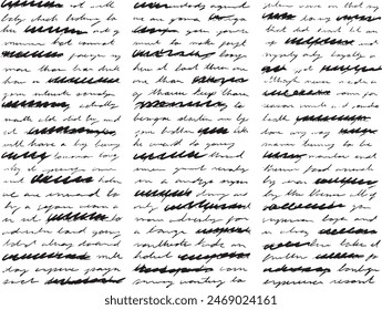 Illegible cursive writing in black ink, handmade and vintage. Perfect for patterns, old-school textures, love letters, manuscript or poetry, and class notes. Three Columns, Crossed out, Scribbled out.