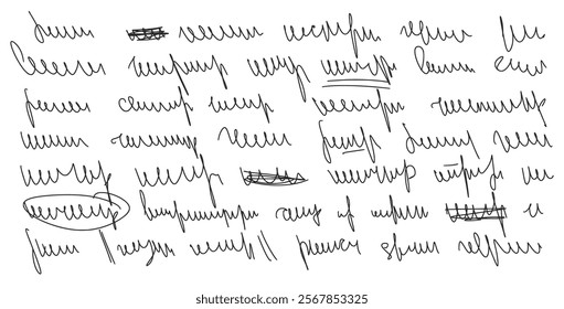 Illegible fake decorative cursive script message. Handwritten ink stroke. Scribble fictional letter. Abstract freehand text note isolated on white background. Vector hand drawn illustration.