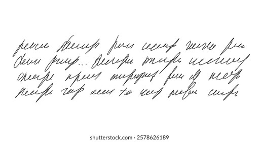 Illegible fake decorative cursive script message. Handwritten ink stroke. Scribble fictional letter. Abstract freehand text note isolated on white background. Vector hand drawn illustration.