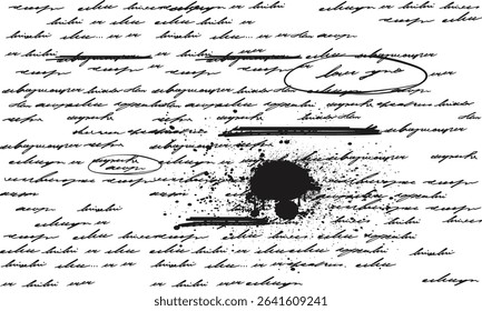 Illegible handwriting template. Abstract text seamless pattern handwritten, hand drawn note, ink spilled handwritten letter pattern, illegible, messy handwriting.eps8