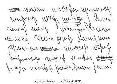 Illegible strike fake decorative cursive script message. Handwritten ink stroke. Scribble fictional letter. Abstract freehand text note isolated on white background. Vector hand drawn illustration.